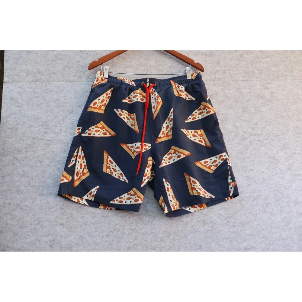 US Surf Club Mens Pizza Print Swim Trunks Navy Blue Board Shorts Large